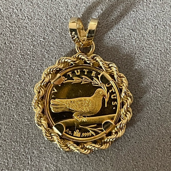 Solid 24K Yellow Gold Coin Raphael Angel & 14K Bezel Pendant Neck Chain Necklace - Picture 5 of 15